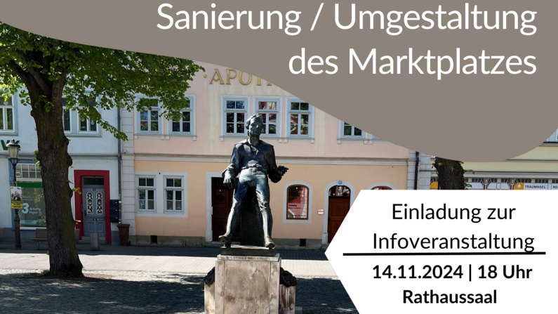 Auf dem Bild ist das Bachdenkmal in Arnstadt zu sehen, verbunden mit dem Hinweis auf eine Infoveranstaltung am 14.11.2024. 