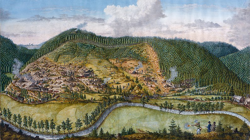 Foto: Schlossmuseum Arnstadt, Thomas Wolf - Forstarbeiten im Schwarzatal, Mischtechnik, Künstler unbekannt, um 1800